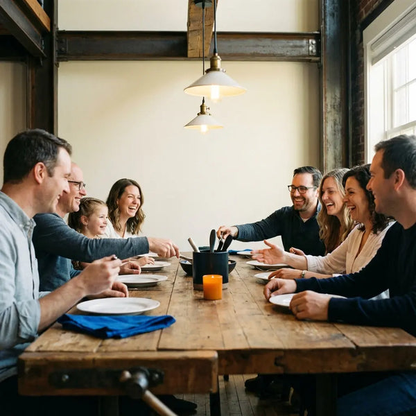 babyparty ideen: Familie und Freunde sitzen an einem warm beleuchteten Holz-Esstisch mit dezenten Metallakzenten im Steelmonks-Stil, intime und herzliche Stimmung