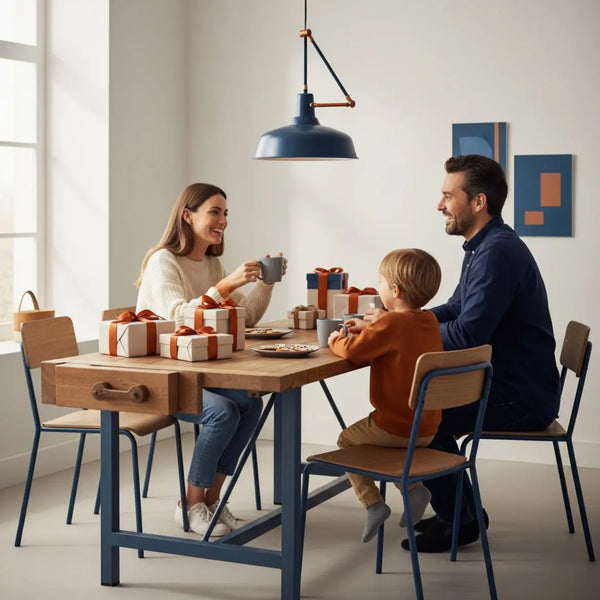 Familie am industriell-chicen Esstisch mit verpackten Geschenken, metallischer Pendelleuchte, warmem Holz und Akzenten in #0044CC und #ff9800 – beliebte Weihnachtsgeschenke