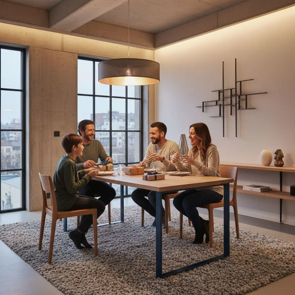Besondere Geschenke für Schwester zur Hochzeit auf einem minimalistischen, industriellen Esstisch mit Holz, Metallakzenten und warmem Licht