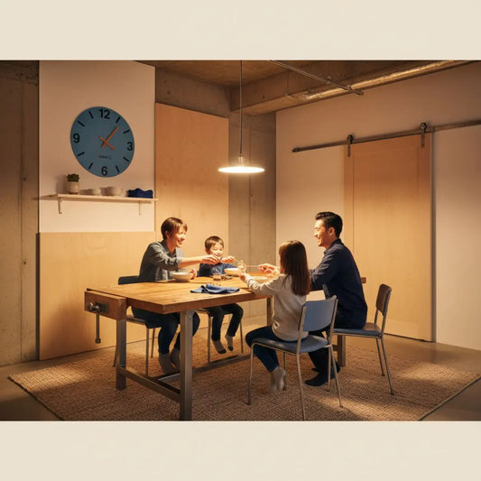 Billet zur Firmung: Fotorealistische Szene einer kleinen Familie bei einer warmen Mahlzeit um einen Esstisch im leicht industriellen Zuhause mit Holz- und Metalldetails.