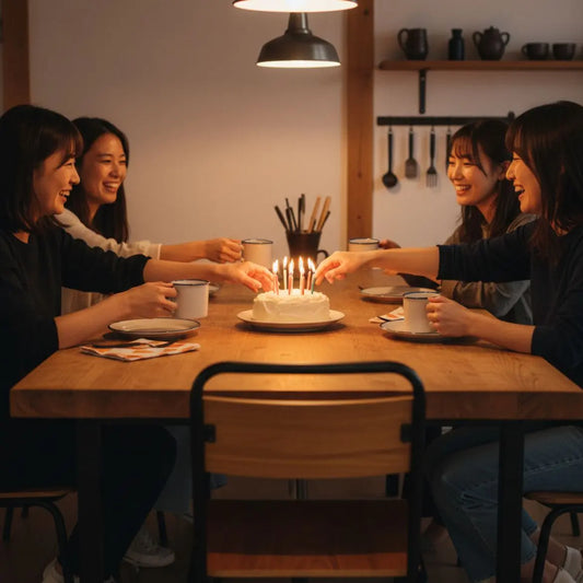 Gemütliche Küche mit Freunden um Holztisch, Hände greifen nach Kuchen und Tassen – coole Geburtstagsgrüße in minimalistischer Industrieästhetik
