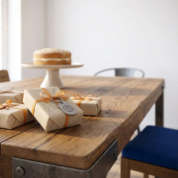 Minimalistischer Esszimmertisch mit schlicht verpackten Dankeschön-Geschenken, Vanillekuchen und graviertem Schlüsselanhänger in warmem Licht — dankeschön geschenkideen