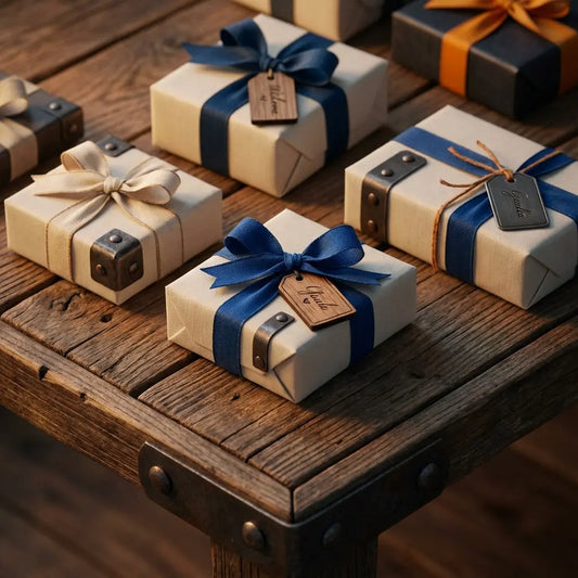 Nahaufnahme rustikaler Holztisch mit mehreren sorgfältig verpackten kleinen Geschenken, Fokus auf Bänder und gravierte Anhänger, warme Abendbeleuchtung, Dankessprüche für kleine Geschenke