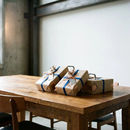 Minimalistisches Stillleben mit warmem Holz-Esstisch und sorgfältig verpackten Geschenken für danksagung taufpaten, industrielle Akzente, warme Lichtstimmung