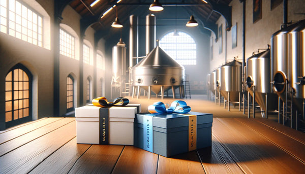 Elegante Geschenkboxen vor traditioneller Brauerei mit moderner Ausrüstung in warmem Steelmonks-Stil, realistisch und einladend.