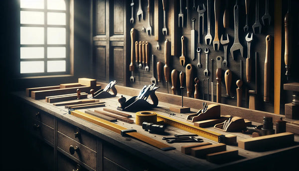Realistische Werkstatt mit klassischen Handwerkszeugen, warmes Licht, Holz und fein strukturierte Oberflächen, Steelmonks-Farben für Akzente.
