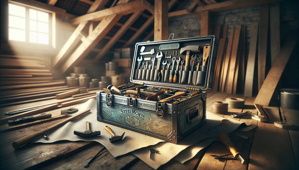 Werkzeugkoffer eines Dachdeckers mit traditionellen und modernen Werkzeugen in authentischer Werkstatt, stimmungsvolles Licht, Steelmonks-Farbschema