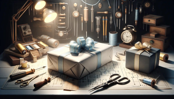 Humorvolle Elektriker-Werkstatt mit eleganten Geschenken in Steelmonks-Farben, warm beleuchtet und stilvoll arrangiert.