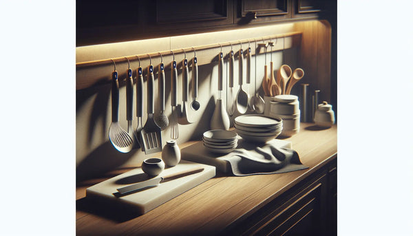 Moderne Küche mit multifunktionalem Küchenwerkzeug-Set, minimalistisches Design in Steelmonks Farben, warm und hochwertig präsentiert.