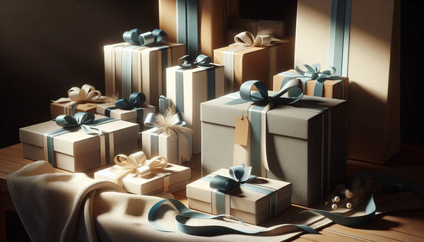 Elegante Geschenkbox mit blauem Band auf Werkbank in traditioneller Schreinerwerkstatt mit graviertem Hammer und Wasserwaage.