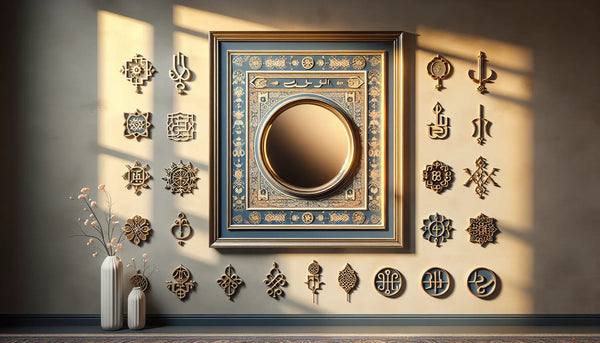 Kunstvoll verzierter Spiegel an Wand, umgeben von Handwerkssymbolen im warmen Steelmonks-Farbenstil, einladendes traditionelles Ambiente.