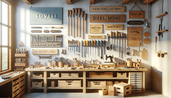 Werkstatt mit Werkzeugen und personalisierten Holzschildern in Steelmonks-Farben ohne Personen, warm und hochwertig beleuchtet.