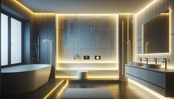Modernes Badezimmer mit eleganten Fliesenaufklebern und warmen LED-Leisten in Steelmonks Farben, ruhige und stilvolle Atmosphäre.