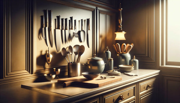 Elegantes Kücheninterior mit hochwertigen Küchenutensilien in blau-weiß-gelb-schwarzer Steelmonks-Farbgebung, warm und stilvoll beleuchtet.