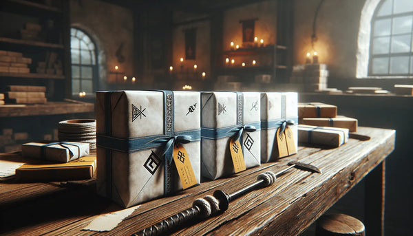 Rustikale Werkstatt mit fein verpackten Geschenkboxen, handwerkliche Zunftsymbole, warme Atmosphäre im Steelmonks Farbdesign