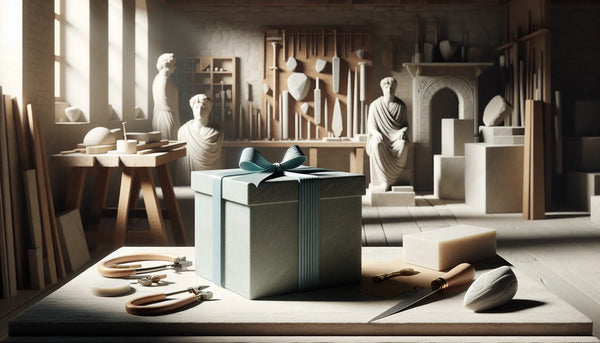 Elegante Geschenkbox mit blauem Band in traditioneller Steinmetzwerkstatt, warme Atmosphäre, Stein- und Holzelemente, handwerkliche Wertschätzung