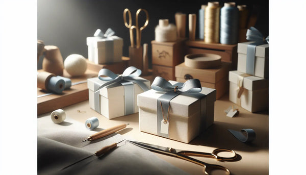 Elegante, schmale Geschenkboxen mit blauen Bändern vor einem organisierten Handwerksraum, warm und freundlich im Steelmonks-Stil.