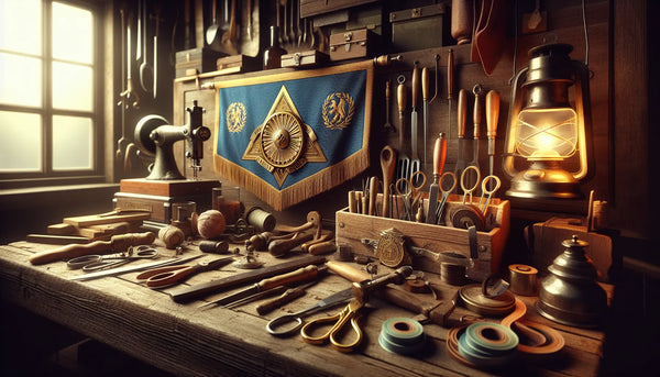 Realistische Werkstatt mit Werkzeugen und Zunft-Anstecker in Steelmonks Farbschema, warm und detailreich beleuchtet.
