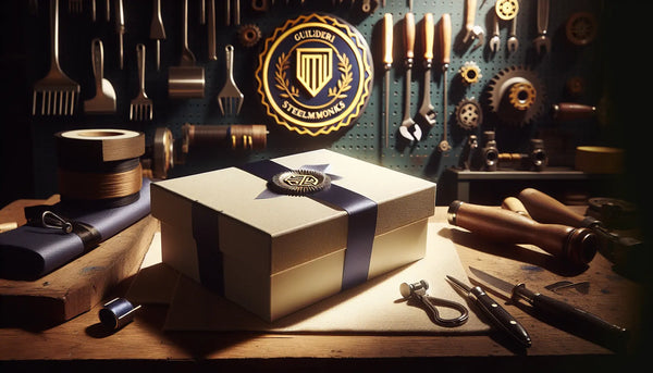 Elegantes Geschenk mit blauem Band vor gut organisierter Mechatroniker-Werkstatt und auffälligem Zunft-Anstecker im Vordergrund.