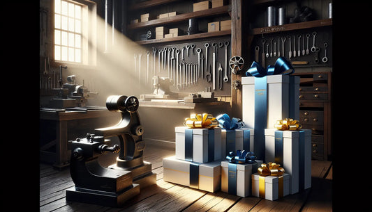 Gemütliche Werkstatt mit schlanken Geschenkboxen, warmem Sonnenlicht und modernem Werkzeug im charakteristischen Steelmonks-Farbschema.
