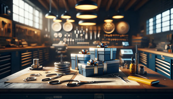 Professionelle Autowerkstatt mit modernen Werkzeugen und schmalen Geschenkboxen in Steelmonks Farben, warme Atmosphäre der Wertschätzung.