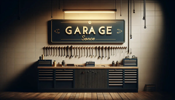 Realistische Autowerkstatt mit stilvollem Garagenschild an Werkzeugwand, warmes Licht, Steelmonks Farbschema, keine Personen.