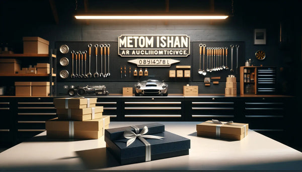 Organisierte Autowerkstatt mit eleganten Geschenken in klaren, ruhigen Farben und warmem Licht, Steelmonks Look.
