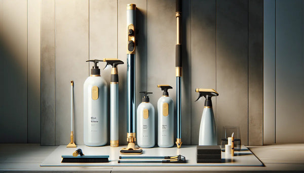 Moderne Gebäudereinigungsausrüstung mit Teleskopstange und hochwertigen Werkzeugen in elegantem, professionellem Ambiente, Steelmonks Farbschema.