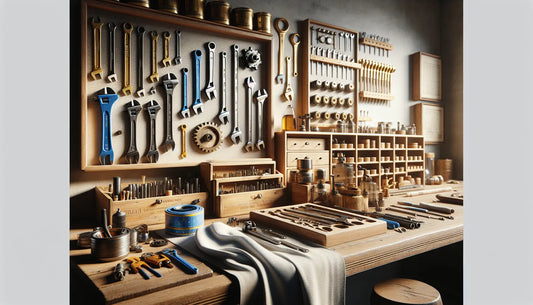Realistisches Bild einer gut organisierten Klempner-Werkstatt mit klassischen und modernen Werkzeugen auf robustem Holztisch, Steelmonks Farbschema.