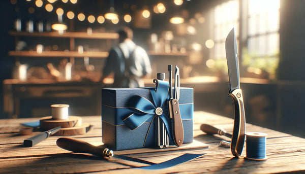 Elegantes Werkzeugset auf Holztisch mit Persian Blue Schleife, Werkstatt-Hintergrund, warmes Licht, Steelmonks Farbpalette.