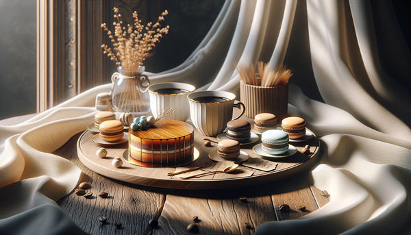 Gemütlicher Konditorei-Tisch mit Torten, Macarons und Kaffee in warmem Licht, elegant arrangiert im Steelmonks Look.