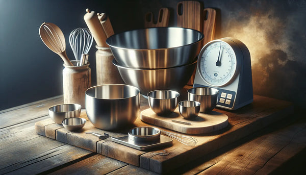 Gemütliche Küchenszene mit Edelstahlrührschüsseln und digitaler Küchenwaage auf Holzoberfläche, warm beleuchtet, Steelmonks Farbschema.