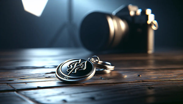 Eleganter Zunftzeichen Schlüsselanhänger aus Edelstahl auf antiker Holzoberfläche mit Fotografie-Equipment im Hintergrund, stimmungsvolles, hochwertiges Bild.