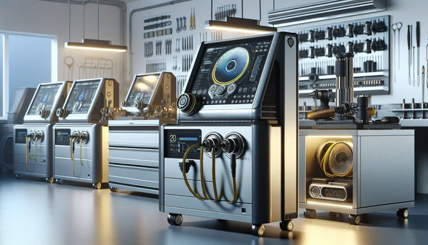 Moderne Kfz-Werkstatt mit High-Tech Diagnosegeräten und Werkzeugen, warm beleuchtet im Steelmonks Stil, technisch und einladend.