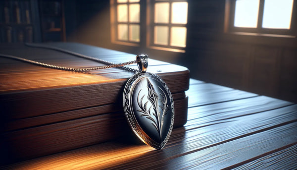 Eleganter Edelstahl-Zunftanhänger mit Gravur auf robustem Holz, realistisch, warm beleuchtet im Steelmonks Design.