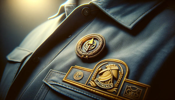 Nahaufnahme eines sorgfältig gestalteten Elektriker-Zunft-Ansteckers an blauer Arbeitskleidung, vor stimmungsvoll beleuchteten traditionellen Zunftwappen.