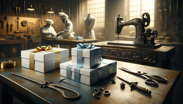 Hochwertige Werkstatt mit edlen Metallgravuren und eleganten, schlanken Geschenkboxen in Ghost White, Persian Blue und Hunyadi Yellow, warm beleuchtet.