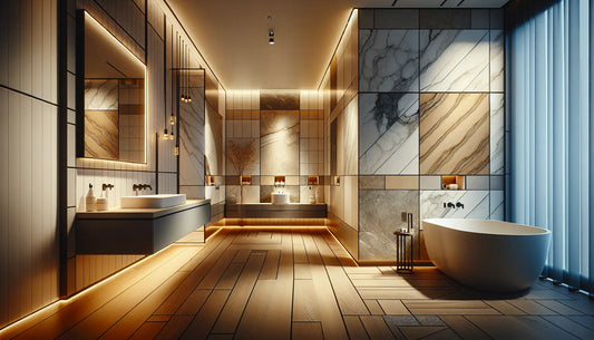 Modernes Badezimmer mit Marmor-Fliesenaufklebern und Holzoptik-Vinylboden in warmem, ruhigem Ambiente, minimalistisch und stilvoll gestaltet.