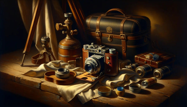 Vintage Kamera Set auf Holztisch mit Stativ, Linsenreiniger und Tasche, warmes Licht, Steelmonks-Farben