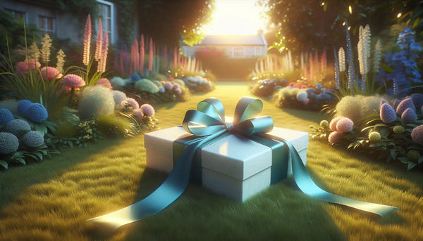 Elegante, schlanke Geschenkboxen mit blauen Bändern in einem sonnigen Garten bei Sonnenuntergang, umgeben von frischen Blumen und grünem Rasen.