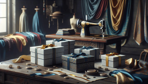 Traditionelle Schneiderwerkstatt mit bunten Stoffen, Nähmaschinen und eleganten Geschenkboxen in Steelmonks-Farben, warme, freundliche Atmosphäre.