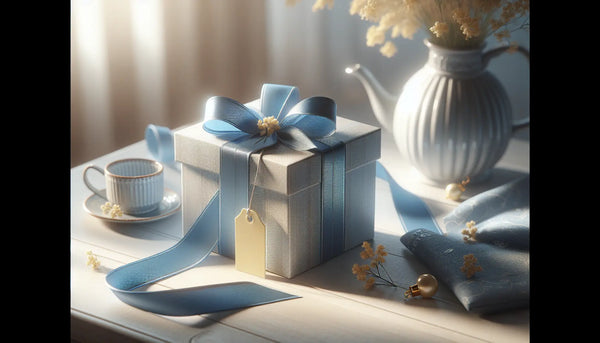 Hochwertiges Bild von elegant verpacktem Geschenk mit blauem Band und gelbem Anhänger auf hellem Untergrund in warmem, freundlichem Ambiente.