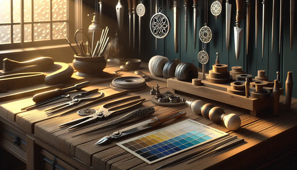 Werkstatt mit hochwertigen Werkzeugen und personalisierten Zunft-Anhängern in Steelmonks-Farben, realistisch und warm beleuchtet.