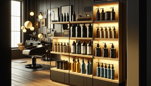Moderner Friseursalon mit stilvollen, eleganten Haarpflegeprodukten in Persian Blue, Ghost White, Hunyadi Yellow und Deep Black, warm beleuchtet.
