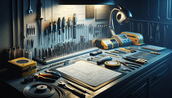 Elektriker-Arbeitsplatz mit Werkzeugen, technischer Dokumentation und Sicherheitsausrüstung in warm beleuchteter Werkstatt, Steelmonks Farbpalette.