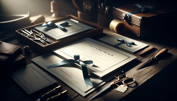 Stimmungsvolles Bild mit eleganten Geschenkgutscheinen für Handwerker, sanfte Beleuchtung, Werkzeuge im Hintergrund, Steelmonks Farbschema.