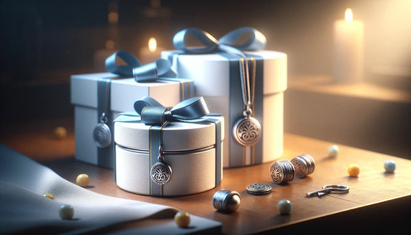Realistisches Werkstattbild mit Edelstahlzunftanhängern und personalisierten Geschenkboxen in Steelmonks-Farben