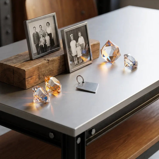 Festlich gedeckter Tisch mit dezenten Diamant-Motiven, Vintage-Fotos und kleinem Metallanhänger als Geschenk für diamantene hochzeit, warme industrielle Holz- und Metalldetails