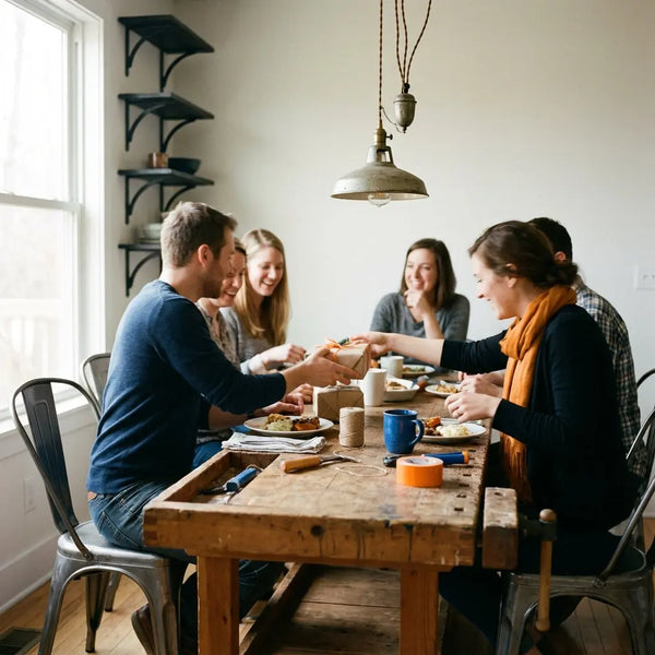Kleine Gruppe am Esstisch entdeckt DIY Geschenk Schulabschluss, Hände greifen nach Geschenken, Holzoberfläche und Metalldetails bei warmem Licht, Gesichter unscharf