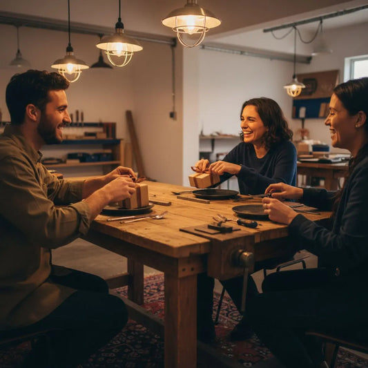 Familie beim Basteln an einer Werkbank, Holz-, Metall- und Lederdetails sichtbar, diy geschenk vater im Fokus, warmes Licht, minimalistische industrielle Ästhetik